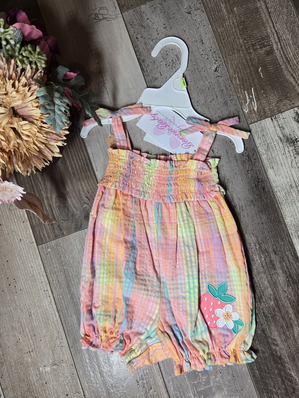 NWT Bonnie Baby Pastel Plaid Strawberry Bubble Romper 3–6M